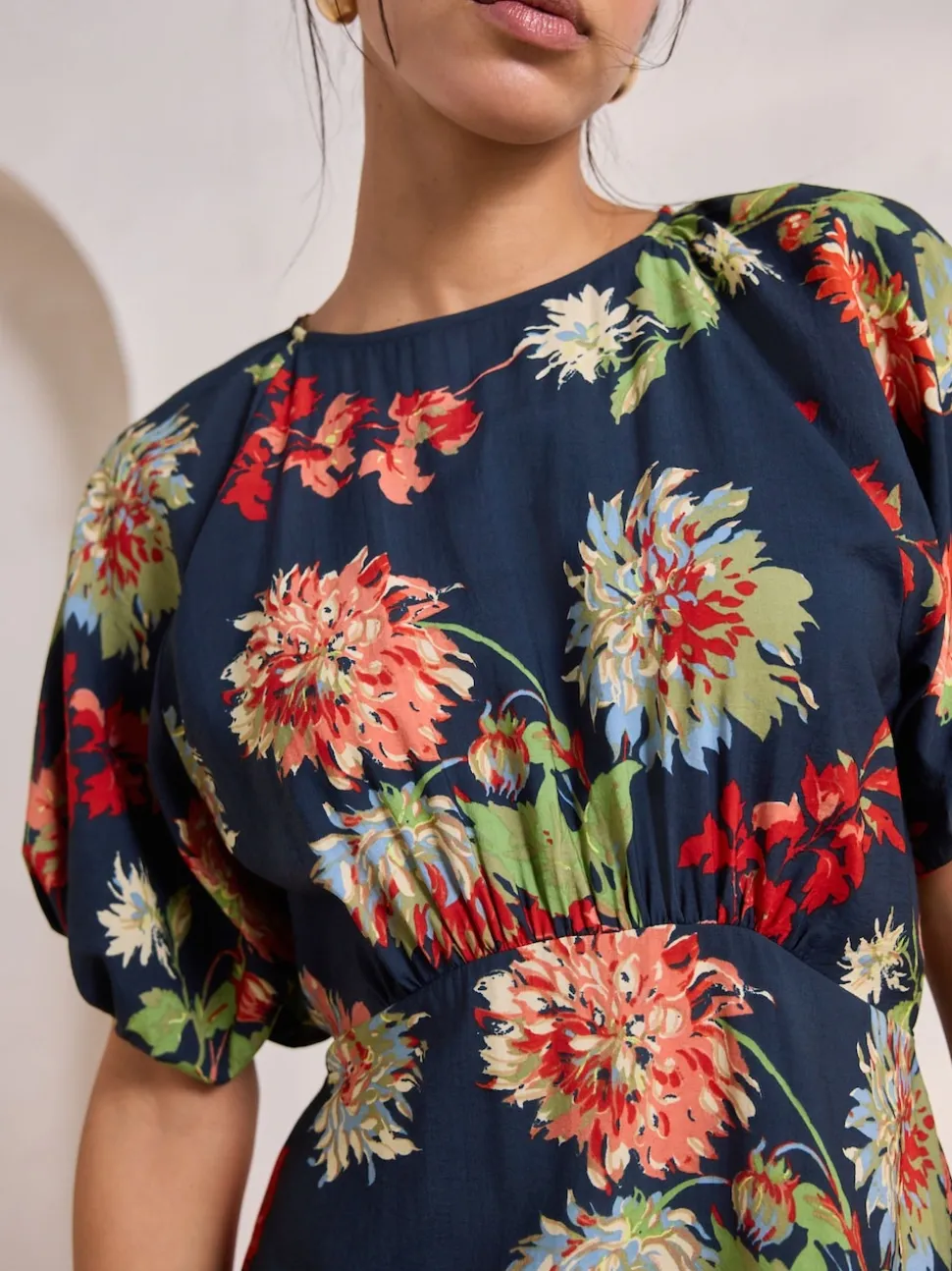 Navy Blue Floral Print Puff Sleeve Midi Dress
