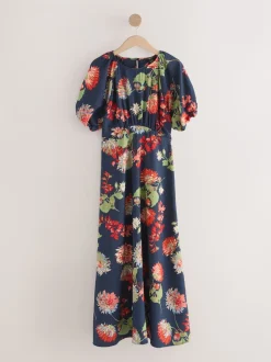 Navy Blue Floral Print Puff Sleeve Midi Dress
