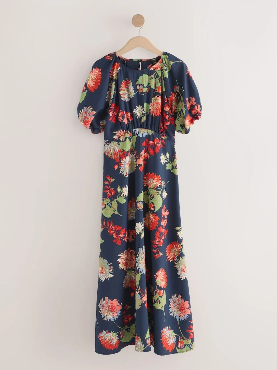 Navy Blue Floral Print Puff Sleeve Midi Dress