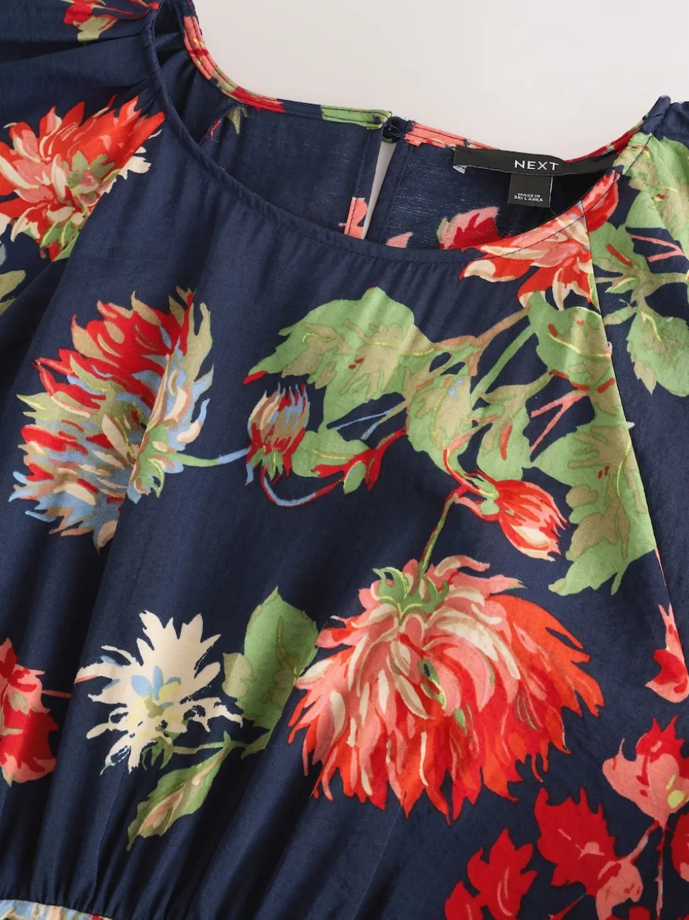 Navy Blue Floral Print Puff Sleeve Midi Dress