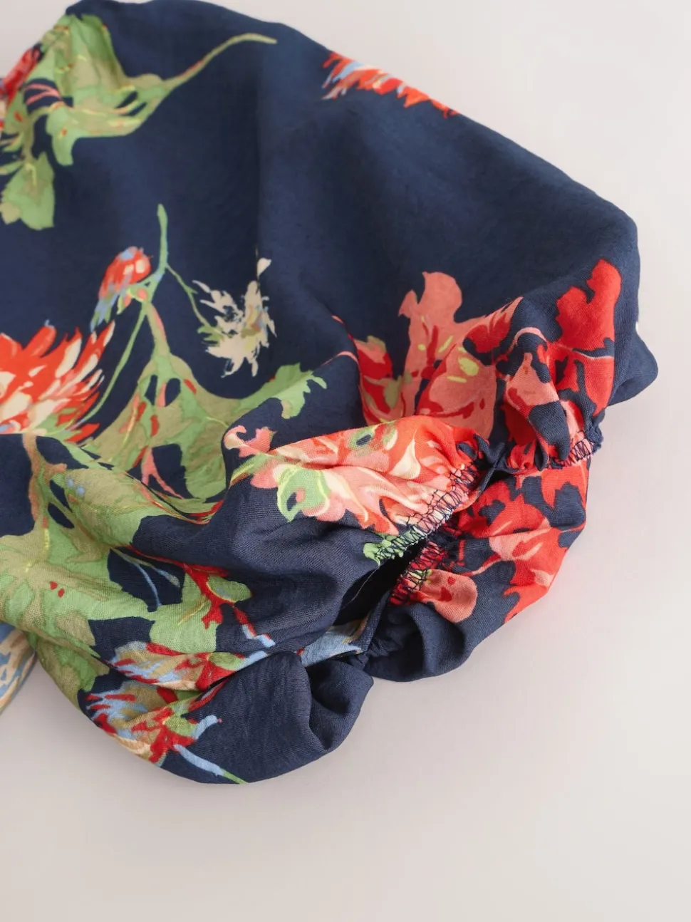 Navy Blue Floral Print Puff Sleeve Midi Dress