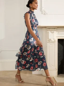 Navy Blue Floral Printed High Neck Tiered Occasion Maxi Dress