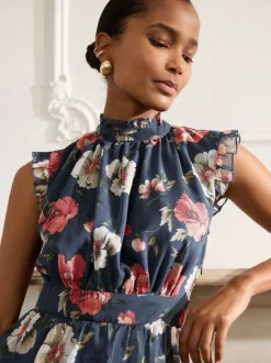 Navy Blue Floral Printed High Neck Tiered Occasion Maxi Dress