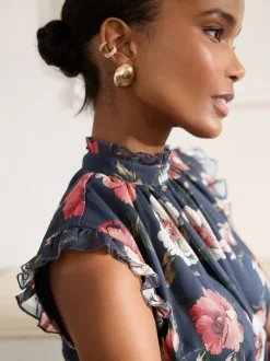 Navy Blue Floral Printed High Neck Tiered Occasion Maxi Dress