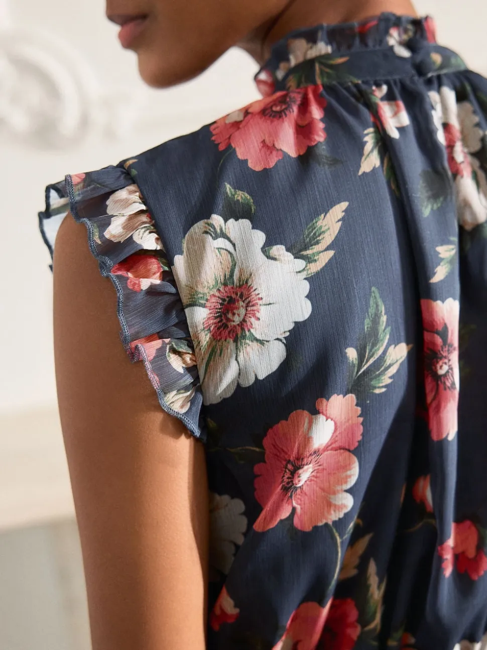 Navy Blue Floral Printed High Neck Tiered Occasion Maxi Dress