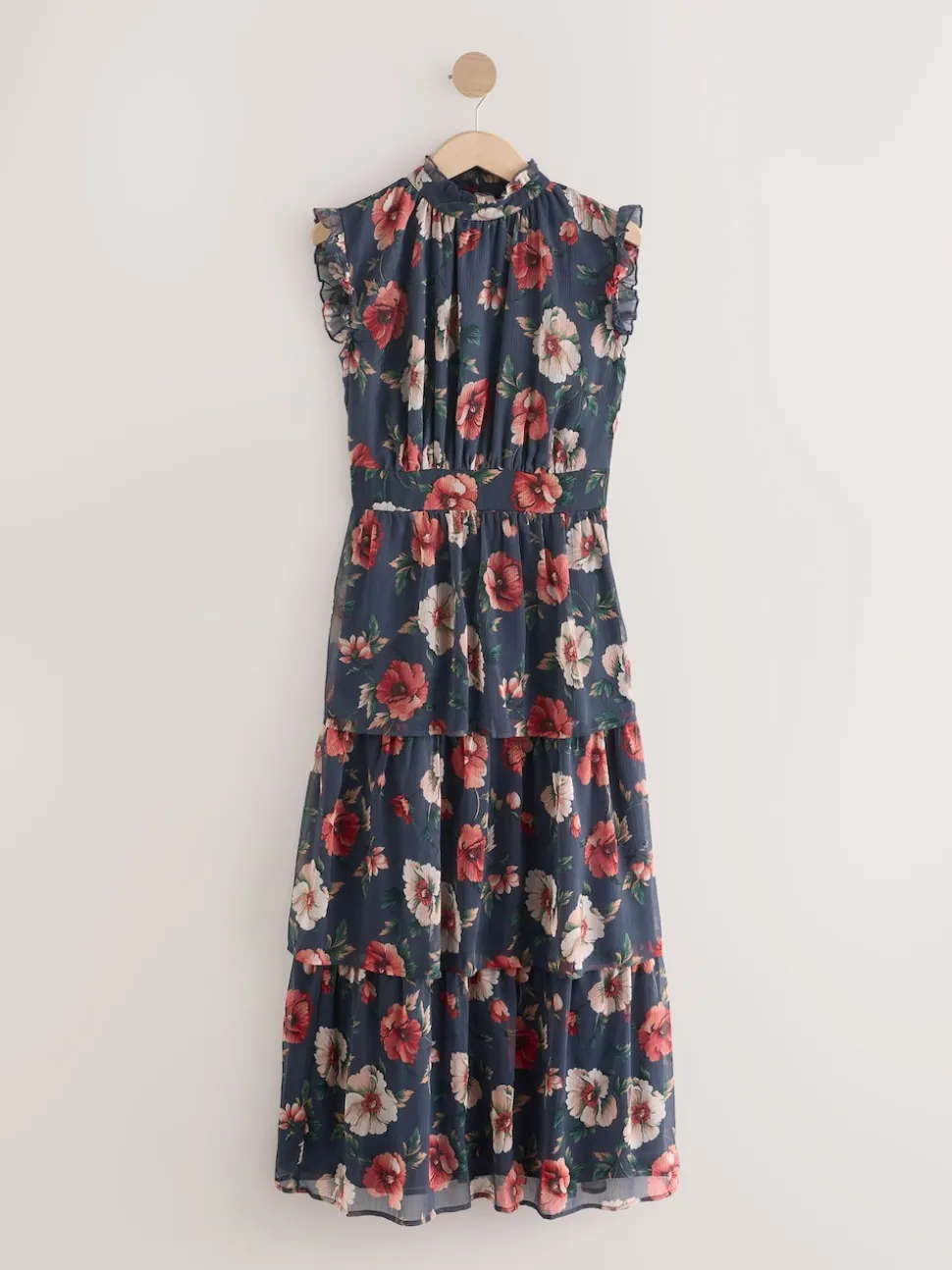 Navy Blue Floral Printed High Neck Tiered Occasion Maxi Dress
