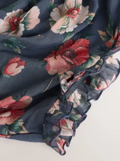 Navy Blue Floral Printed High Neck Tiered Occasion Maxi Dress