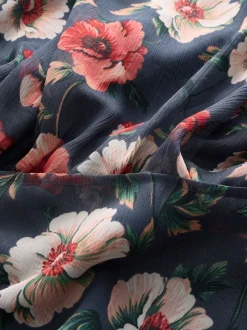 Navy Blue Floral Printed High Neck Tiered Occasion Maxi Dress