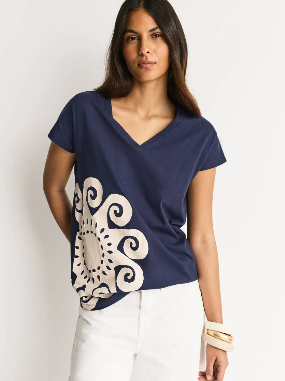 Navy Blue Graphic V-Neck Cap Sleeve T-Shirt