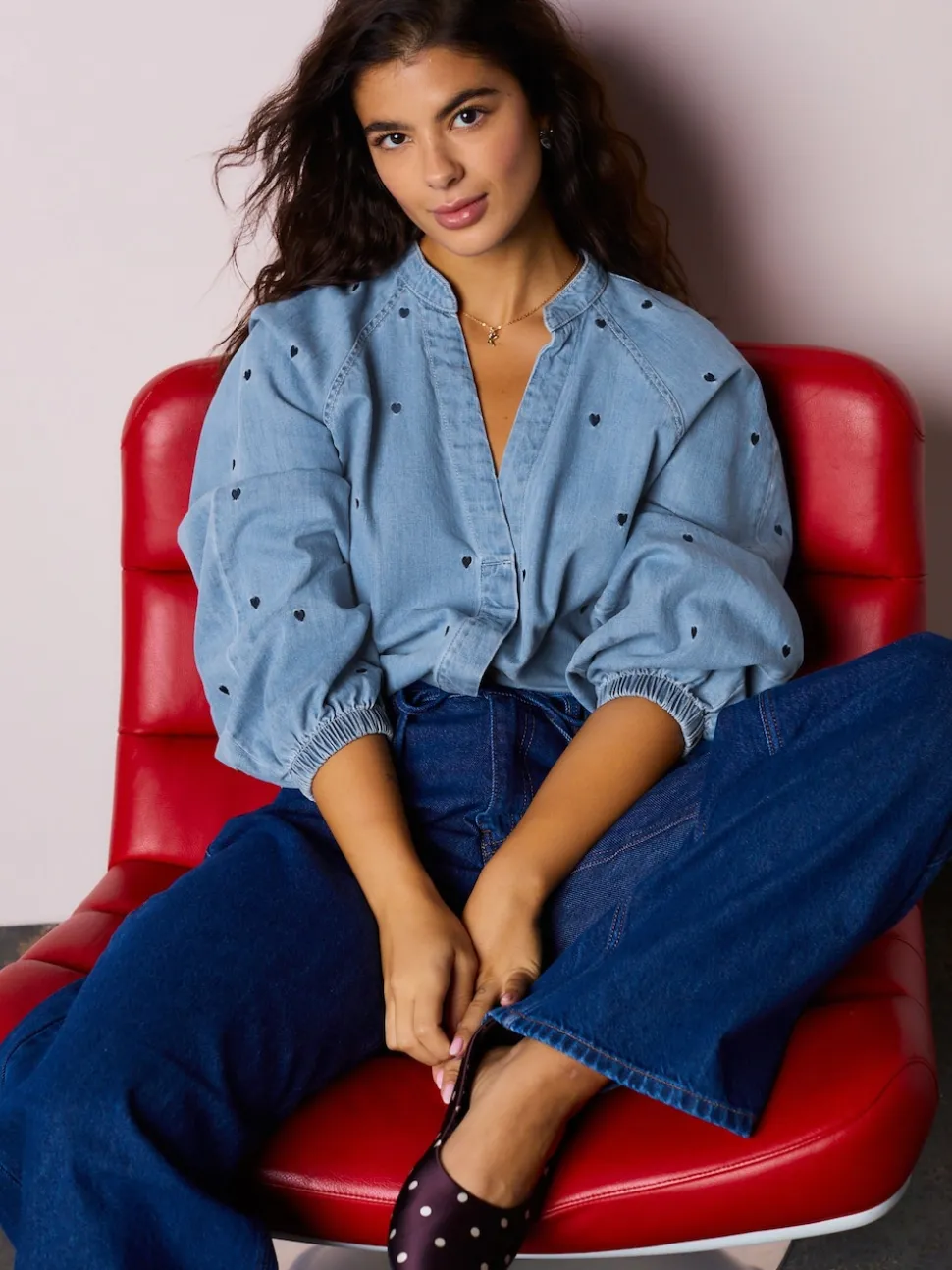 Navy Blue Heart Heart Embroidered V-Neck Puff Sleeve Denim Blouse