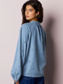 Navy Blue Heart Heart Embroidered V-Neck Puff Sleeve Denim Blouse