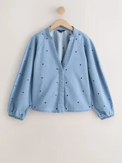 Navy Blue Heart Heart Embroidered V-Neck Puff Sleeve Denim Blouse