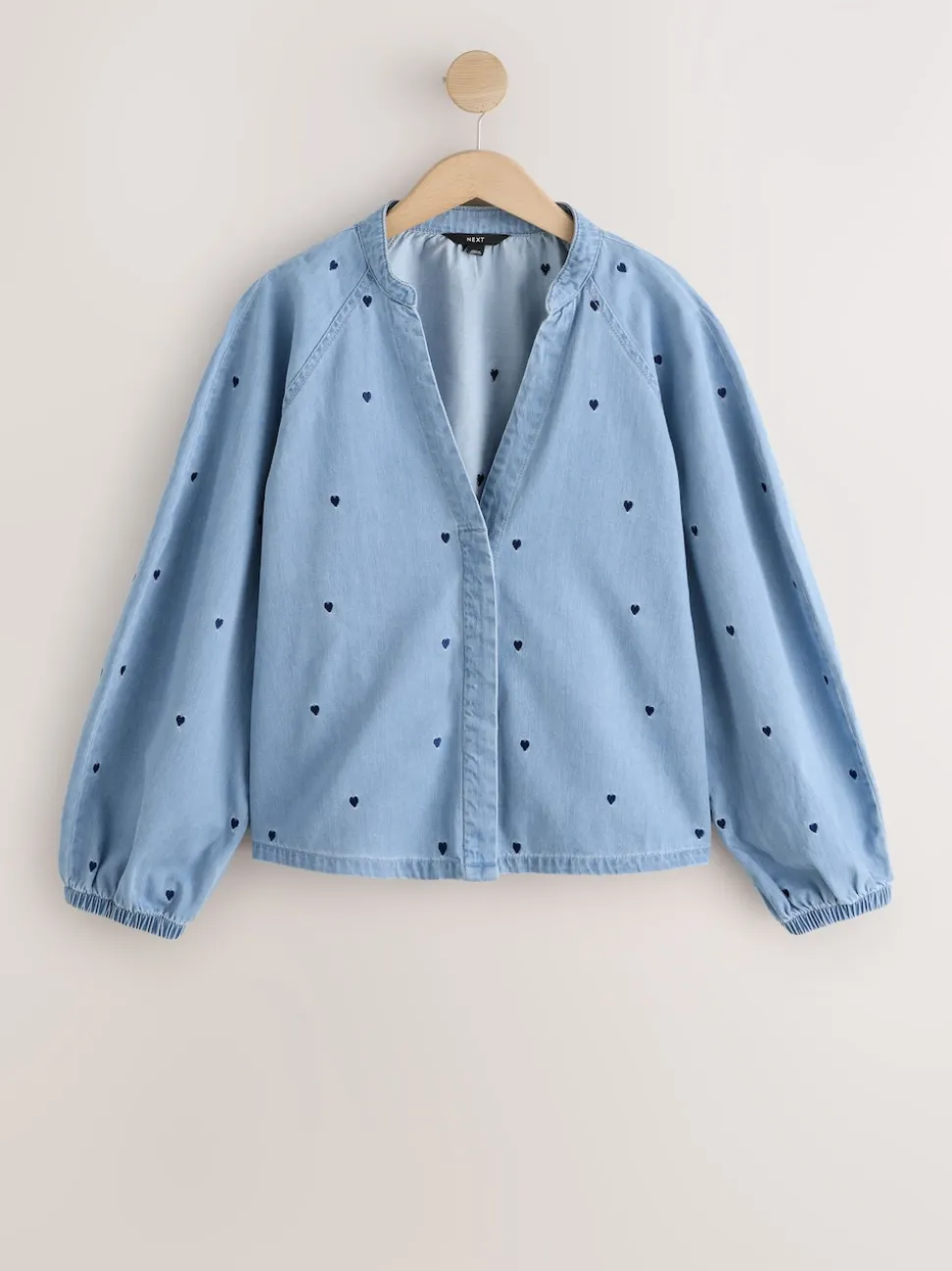 Navy Blue Heart Heart Embroidered V-Neck Puff Sleeve Denim Blouse