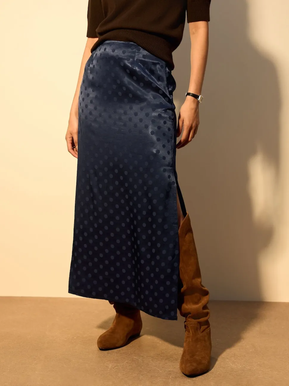 Navy Blue Jacquard Polka Dot Satin Skirt