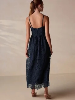 Navy Blue Lace Bandeau Midi Dress