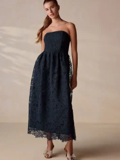 Navy Blue Lace Bandeau Midi Dress