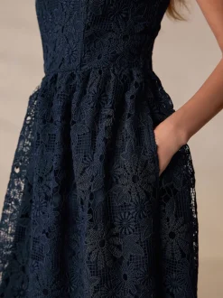 Navy Blue Lace Bandeau Midi Dress
