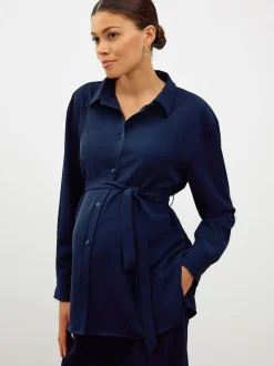 Navy Blue Maternity Belted Shirt