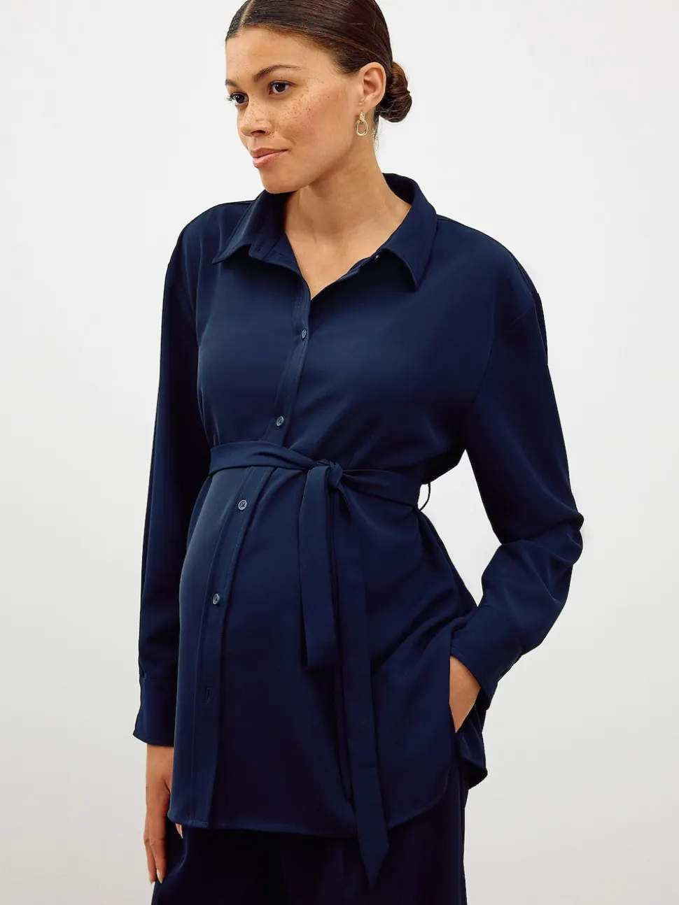 Navy Blue Maternity Belted Shirt