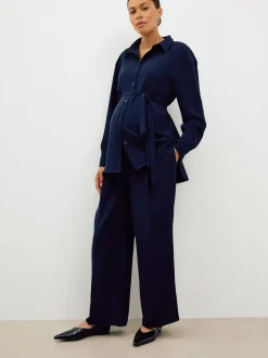 Navy Blue Maternity Belted Shirt
