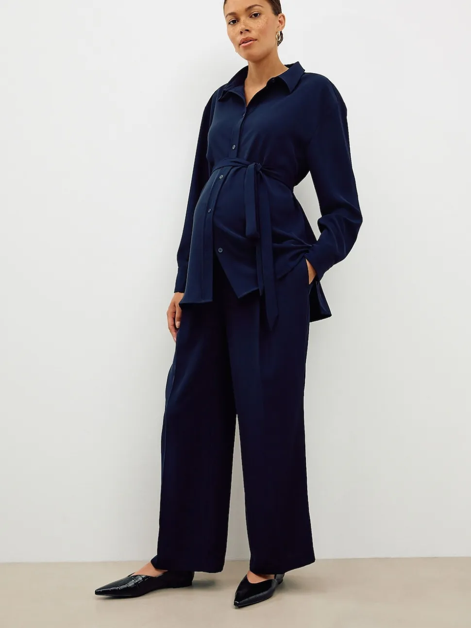 Navy Blue Maternity Belted Shirt