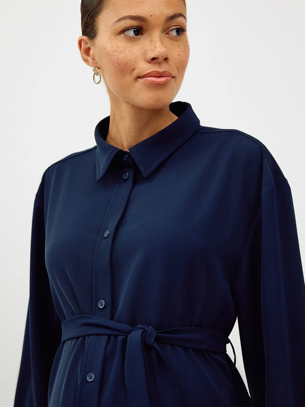 Navy Blue Maternity Belted Shirt
