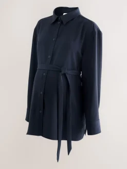 Navy Blue Maternity Belted Shirt