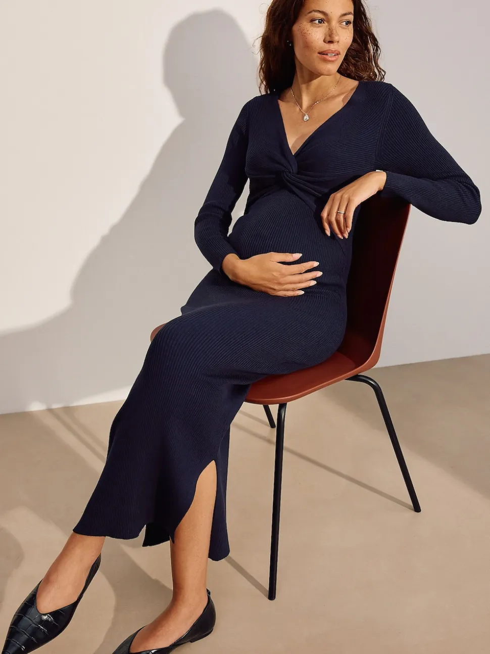Navy Blue Maternity Twist Front Knit Jumper Dress
