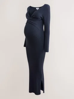 Navy Blue Maternity Twist Front Knit Jumper Dress