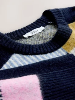 Navy Blue Multi Patched Crew Neck Knitted Jumper with Wool