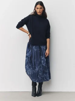 Navy Blue Nautical Print 2-In-1 Knitted Jumper with Pleated Midi Skirt