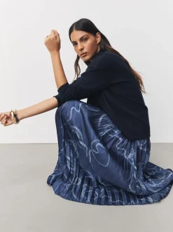 Navy Blue Nautical Print 2-In-1 Knitted Jumper with Pleated Midi Skirt