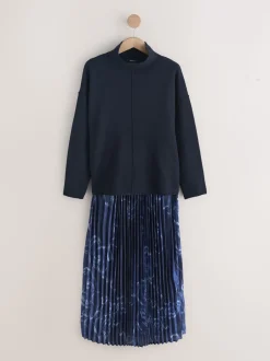 Navy Blue Nautical Print 2-In-1 Knitted Jumper with Pleated Midi Skirt