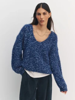 Navy Blue Neppy Fuzzy Texture V-Neck Knitted Jumper