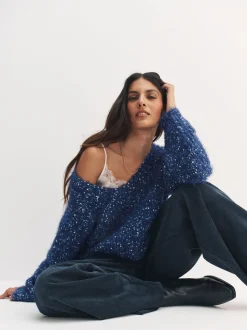 Navy Blue Neppy Fuzzy Texture V-Neck Knitted Jumper
