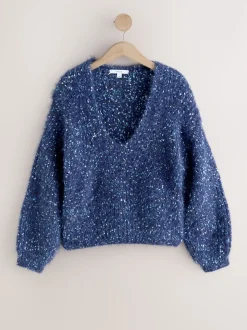 Navy Blue Neppy Fuzzy Texture V-Neck Knitted Jumper