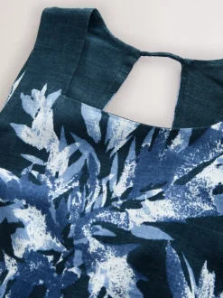 Navy Blue Placement Floral Print Linen Rich Square Neck Shift Mini Dress