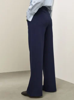 Navy Blue Ponte Wide Leg Trousers With Gold Button Detailing