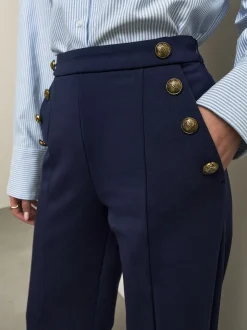 Navy Blue Ponte Wide Leg Trousers With Gold Button Detailing