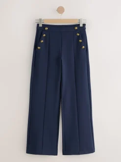 Navy Blue Ponte Wide Leg Trousers With Gold Button Detailing