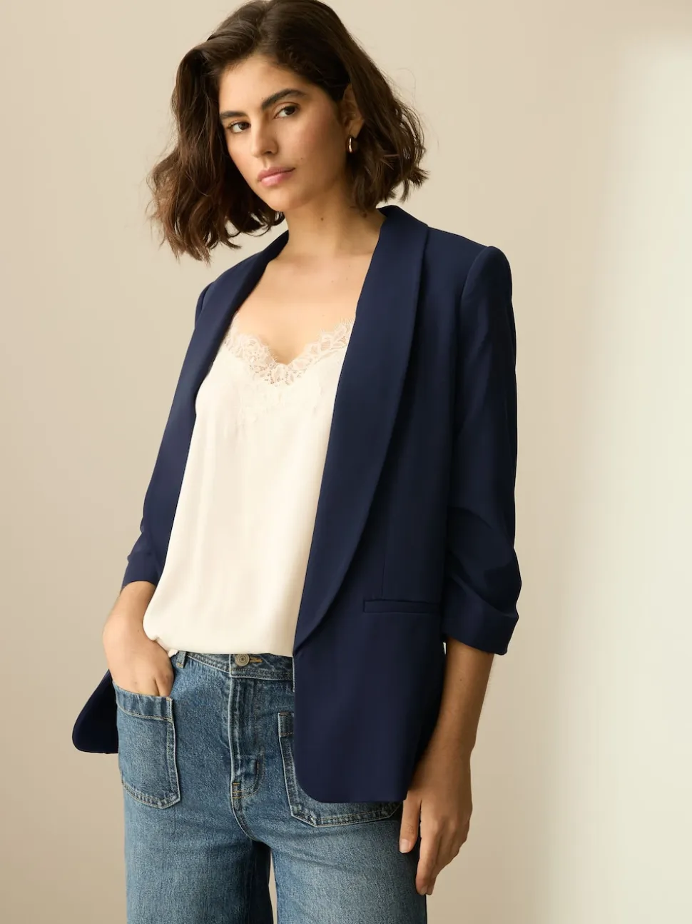 Navy Blue Relaxed Ruched Sleeve Blazer