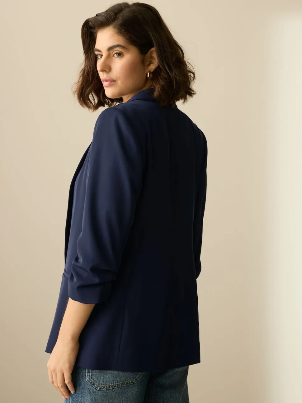 Navy Blue Relaxed Ruched Sleeve Blazer