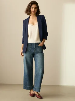 Navy Blue Relaxed Ruched Sleeve Blazer