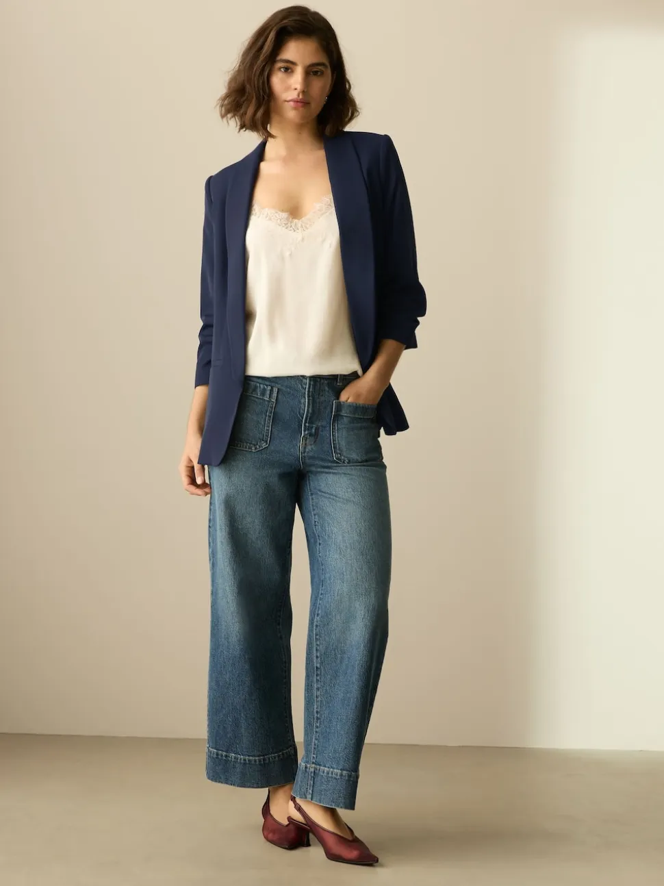 Navy Blue Relaxed Ruched Sleeve Blazer