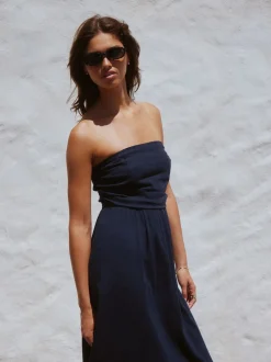 Navy Blue Ruched Bandeau Midi Dress with Linen