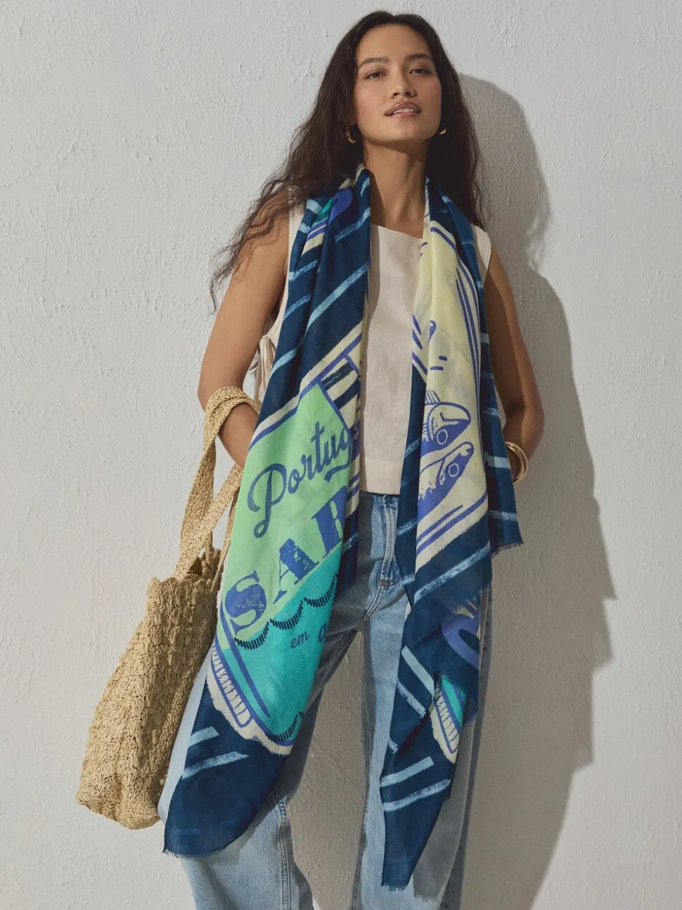 Navy Blue Sardine Print Lightweight Scarf