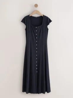 Navy Blue Short Sleeve Jersey Button Through Maxi Dress