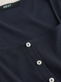 Navy Blue Short Sleeve Jersey Button Through Maxi Dress
