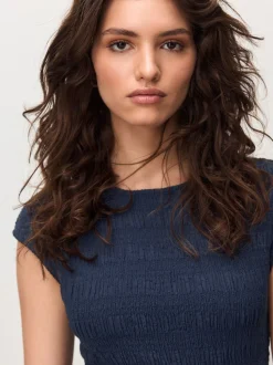 Navy Blue Short Sleeve Shirred Textured Crew Neck Top