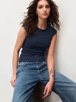 Navy Blue Short Sleeve Shirred Textured Crew Neck Top
